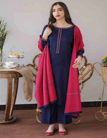 WOOL MAREENA 3PC EMBROIDERED DRESS EMBROIDERED SHAWL D-297
