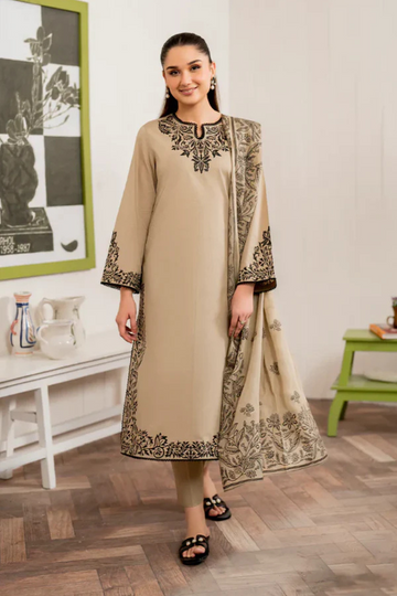 3pc KHADDAR Embroidered UnStiched Dress With Printed Wool Shawl D-123